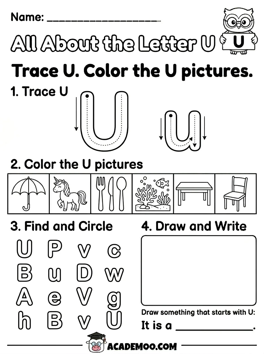 All About the Letter U worksheet kindergarten language arts printable PDF · Free printable All About the Letter U worksheet for Kindergarten.