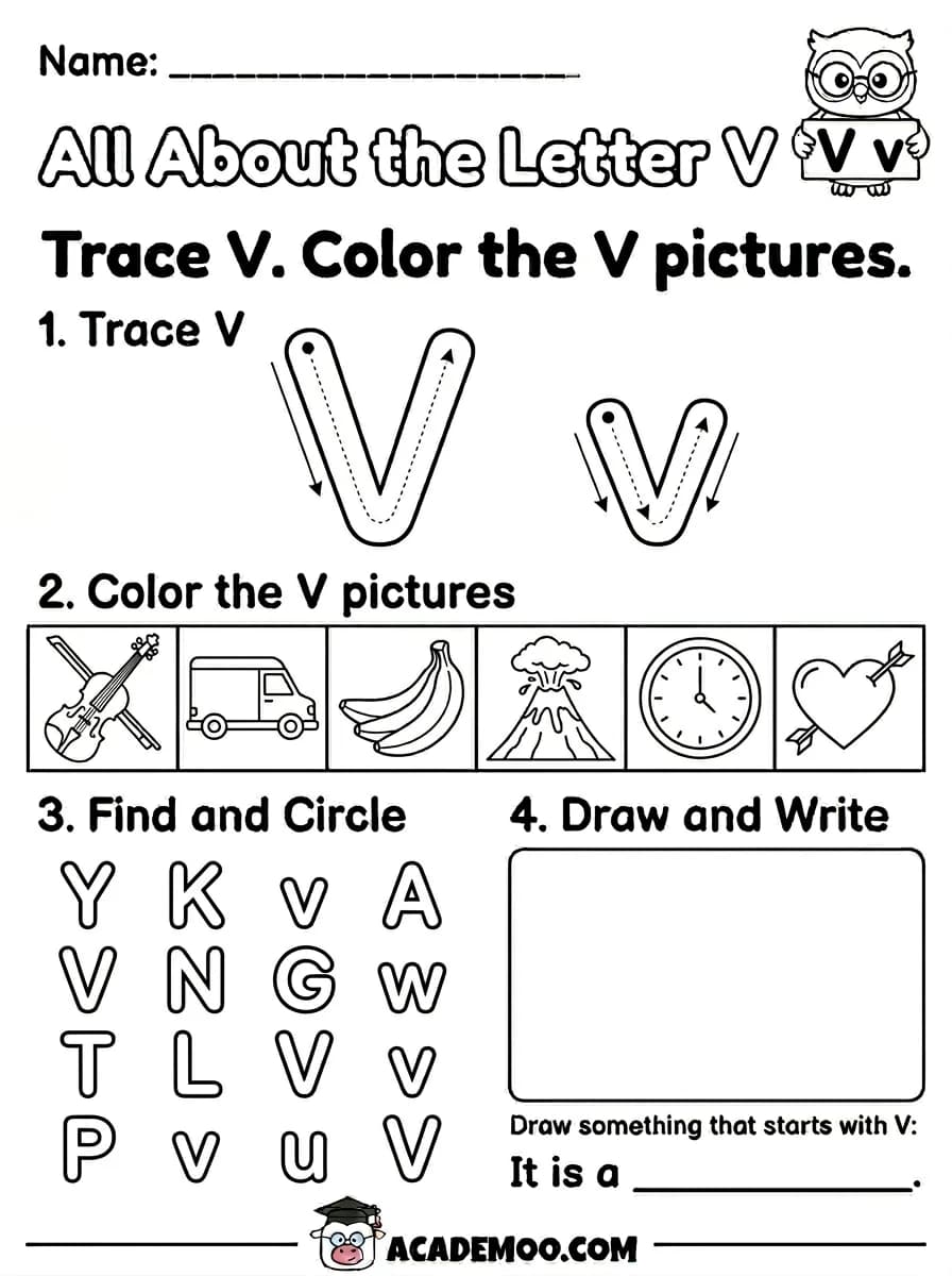 All About the Letter V worksheet kindergarten language arts printable PDF · Free printable All About the Letter V worksheet for Kindergarten.