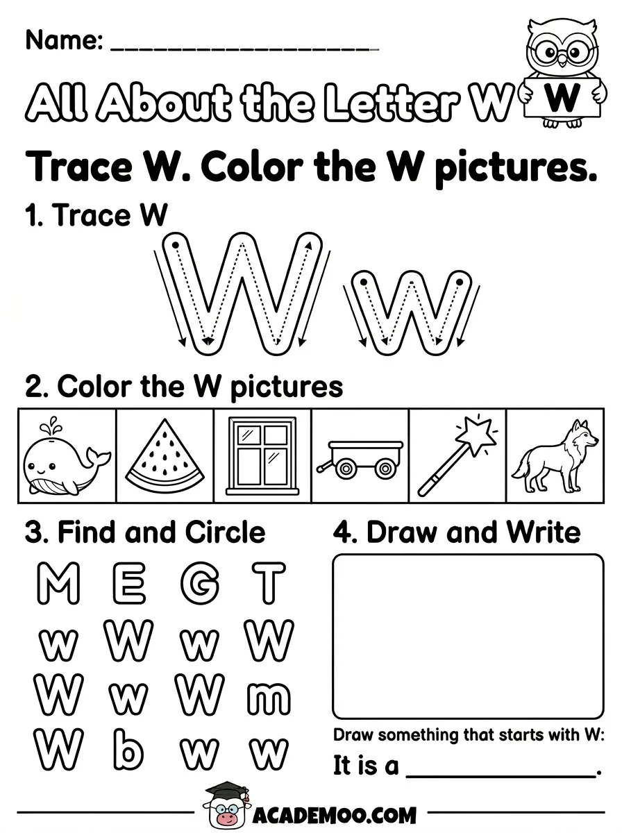 All About the Letter W worksheet kindergarten language arts printable PDF · Free printable All About the Letter W worksheet for Kindergarten.