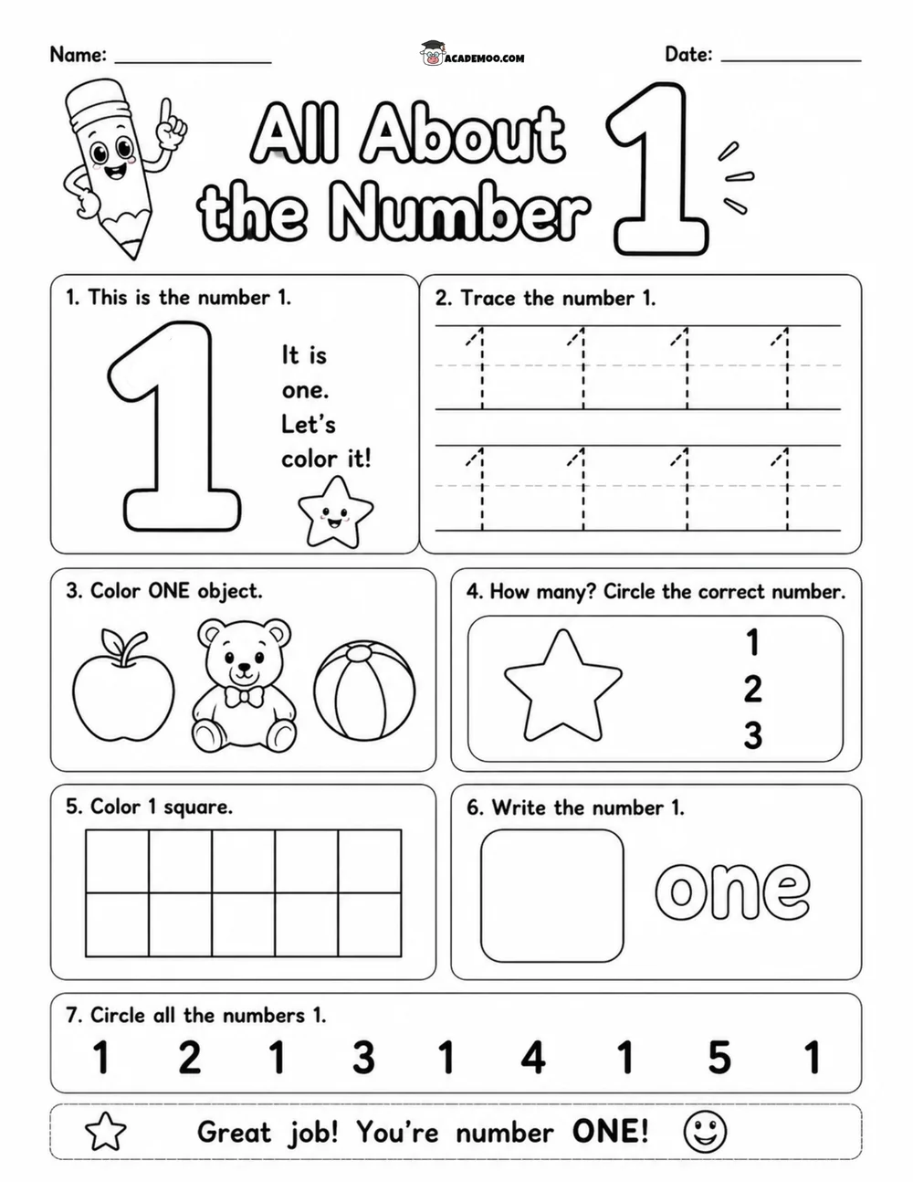All About the Number 1 worksheet pre-k math printable PDF · Printable all about the number 1 worksheet for Pre-K.