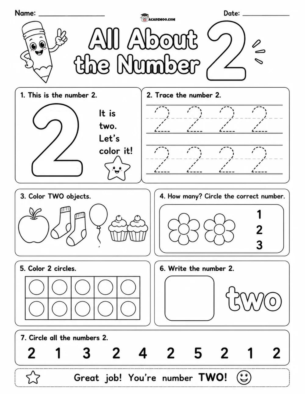 All About the Number 2 worksheet pre-k math printable PDF · Printable all about the number 2 worksheet for Pre-K.
