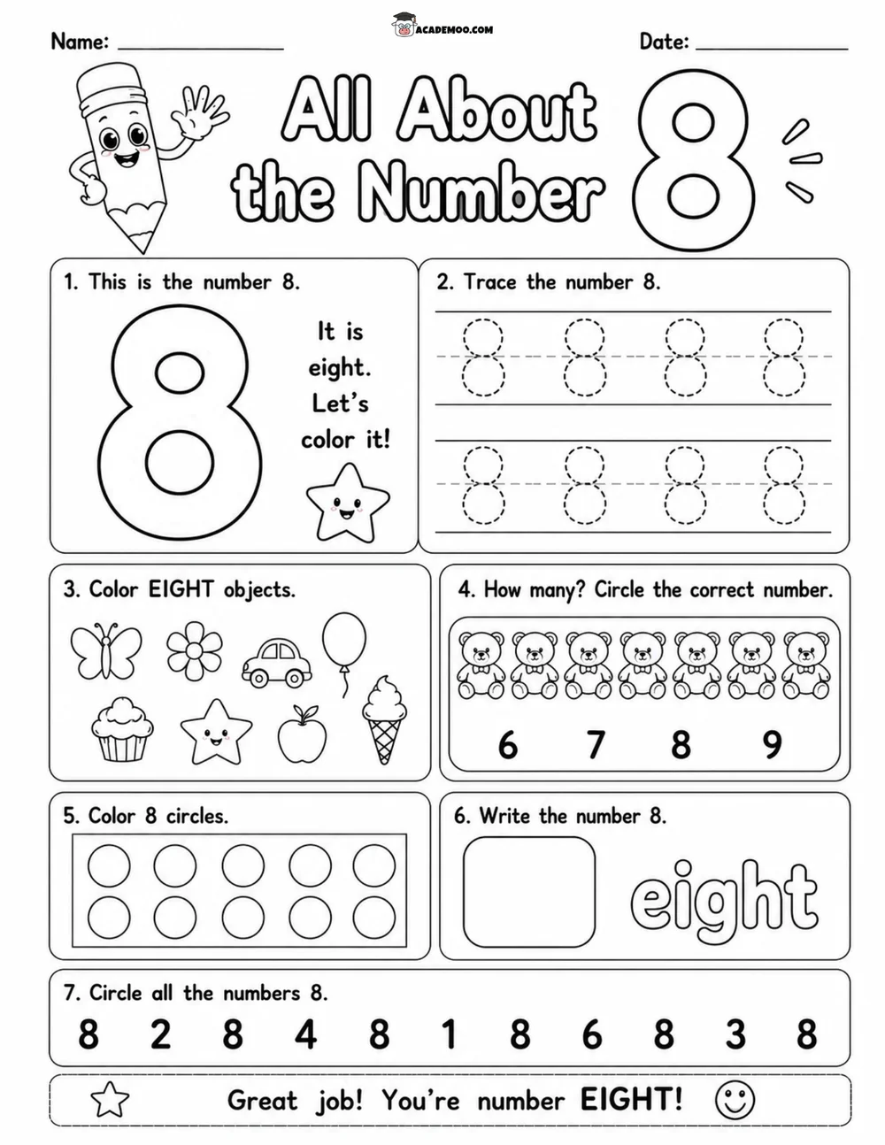 All About the Number 8 worksheet pre-k math printable PDF · Printable all about the number 8 worksheet for Pre-K.
