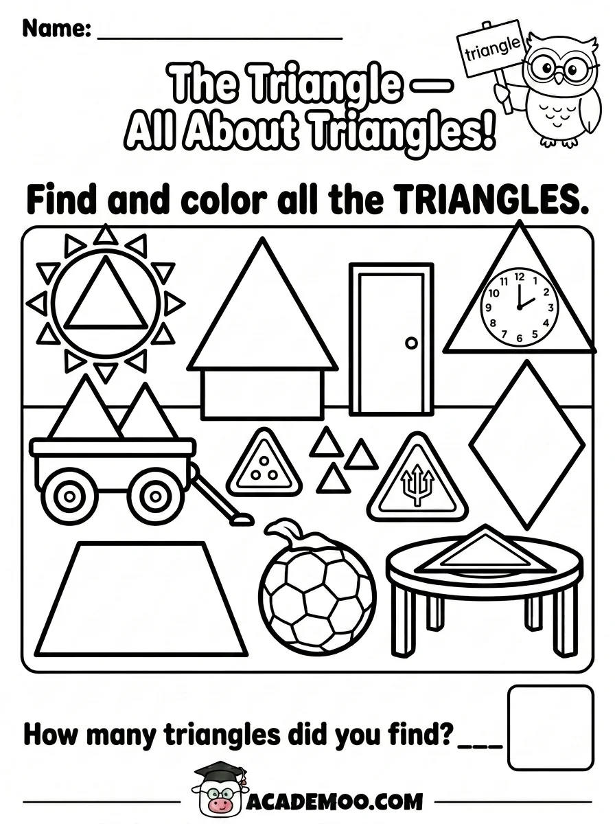 All About Triangles worksheet kindergarten math printable PDF · Printable all about triangles worksheet for Kindergarten.