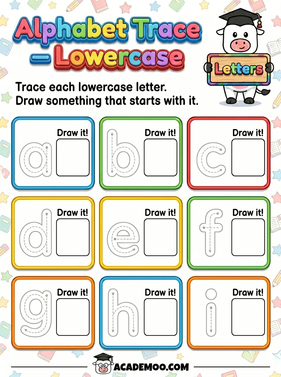 Alphabet Trace Lowercase A-I worksheet kindergarten language arts printable PDF · Free printable alphabet trace lowercase a-i worksheet for Kindergarten.