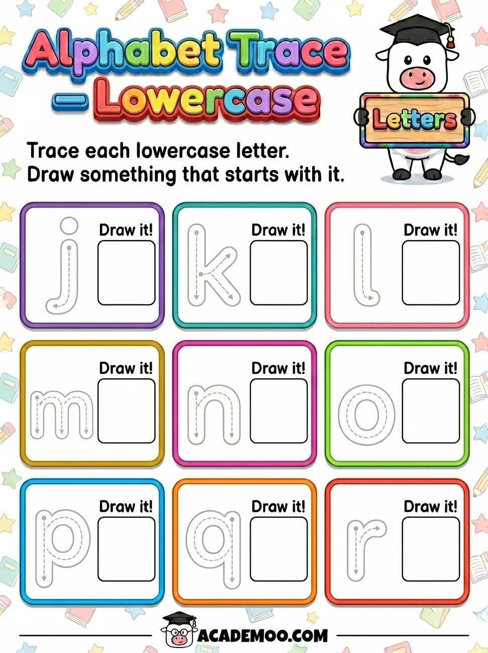 Alphabet Trace Lowercase J-R worksheet kindergarten language arts printable PDF · Free printable alphabet trace lowercase j-r worksheet for Kindergarten.