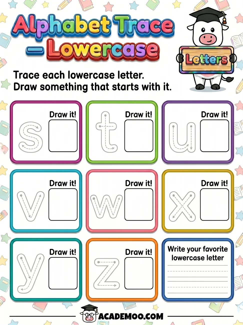 Alphabet Trace Lowercase S-Z worksheet kindergarten language arts printable PDF · Free printable alphabet trace lowercase s-z worksheet for Kindergarten.