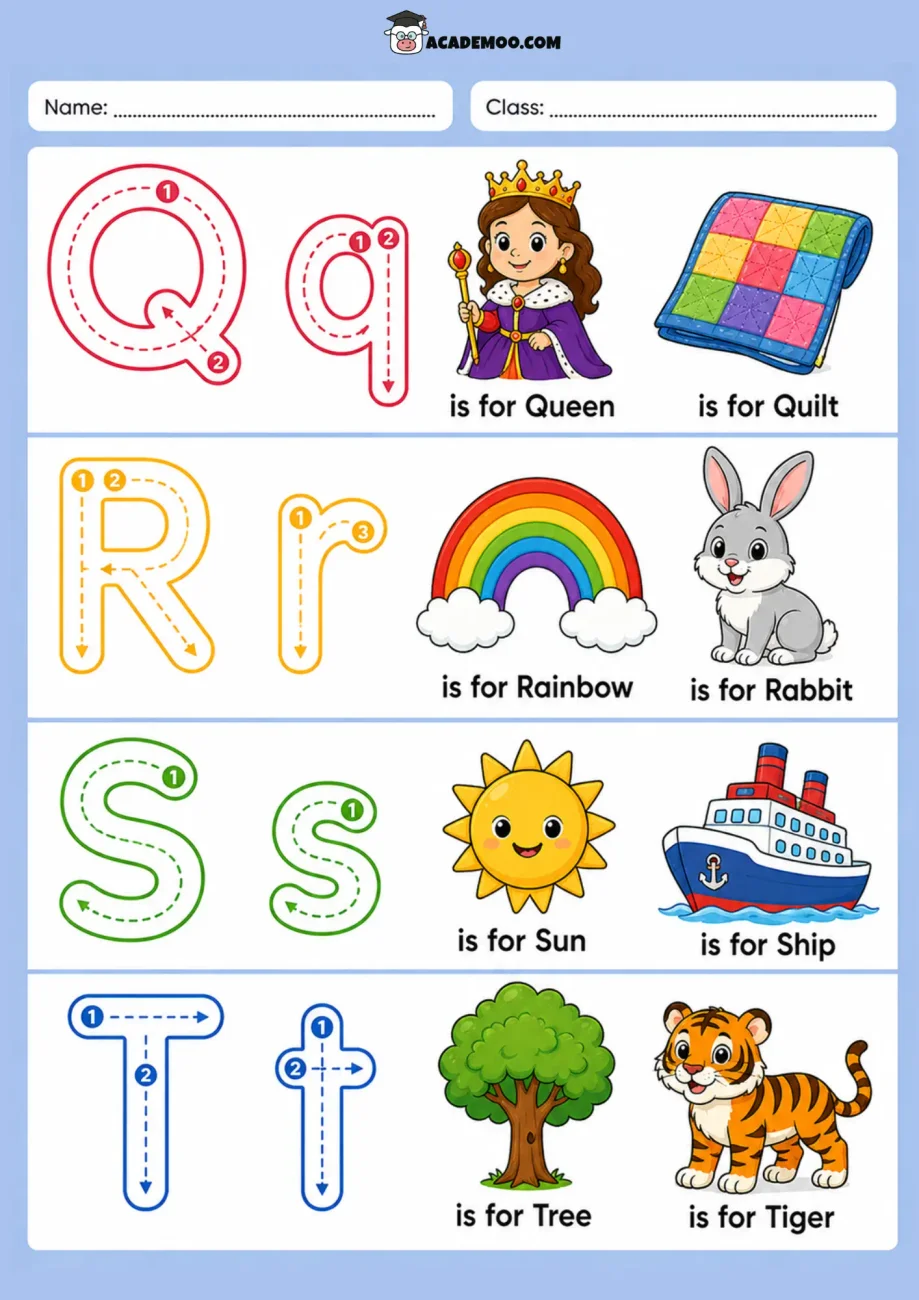 Alphabet Trace Q-T worksheet pre-k language arts printable PDF · Printable alphabet trace q-t worksheet for Pre-K.