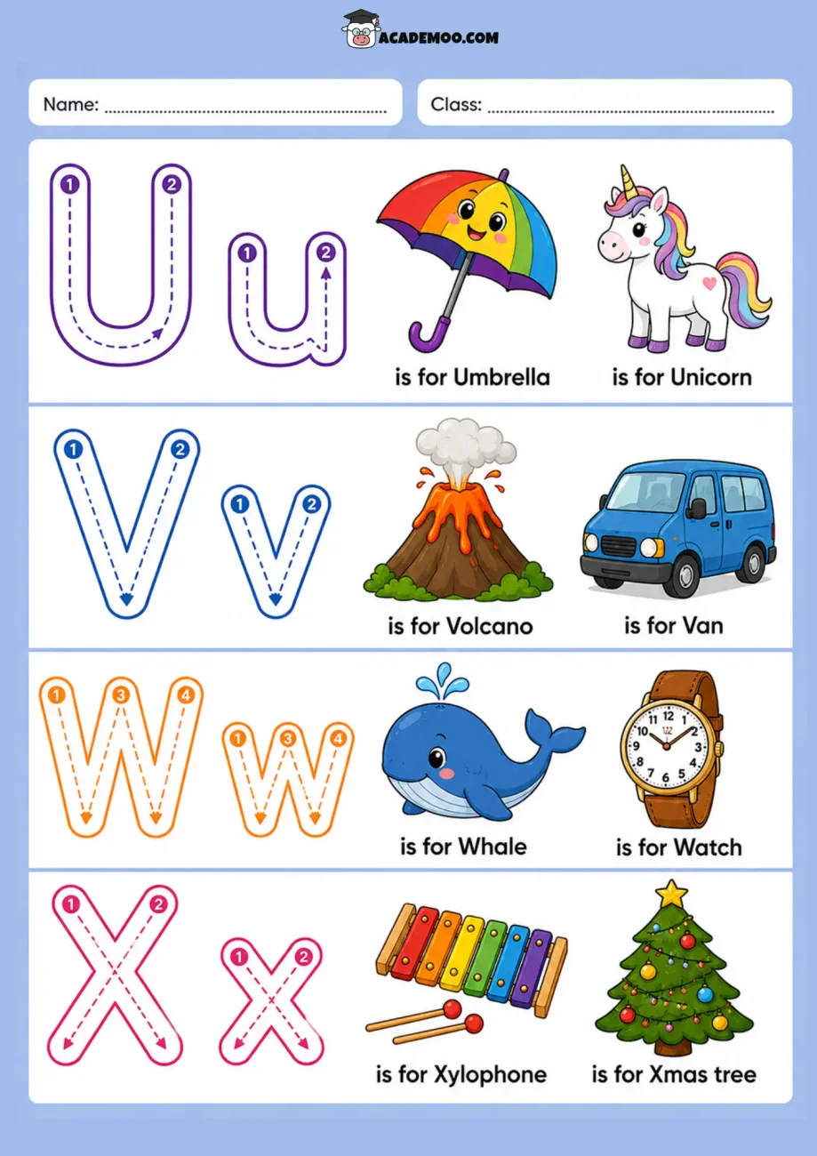 Alphabet Trace U-X worksheet pre-k language arts printable PDF · Printable alphabet trace u-x worksheet for Pre-K.
