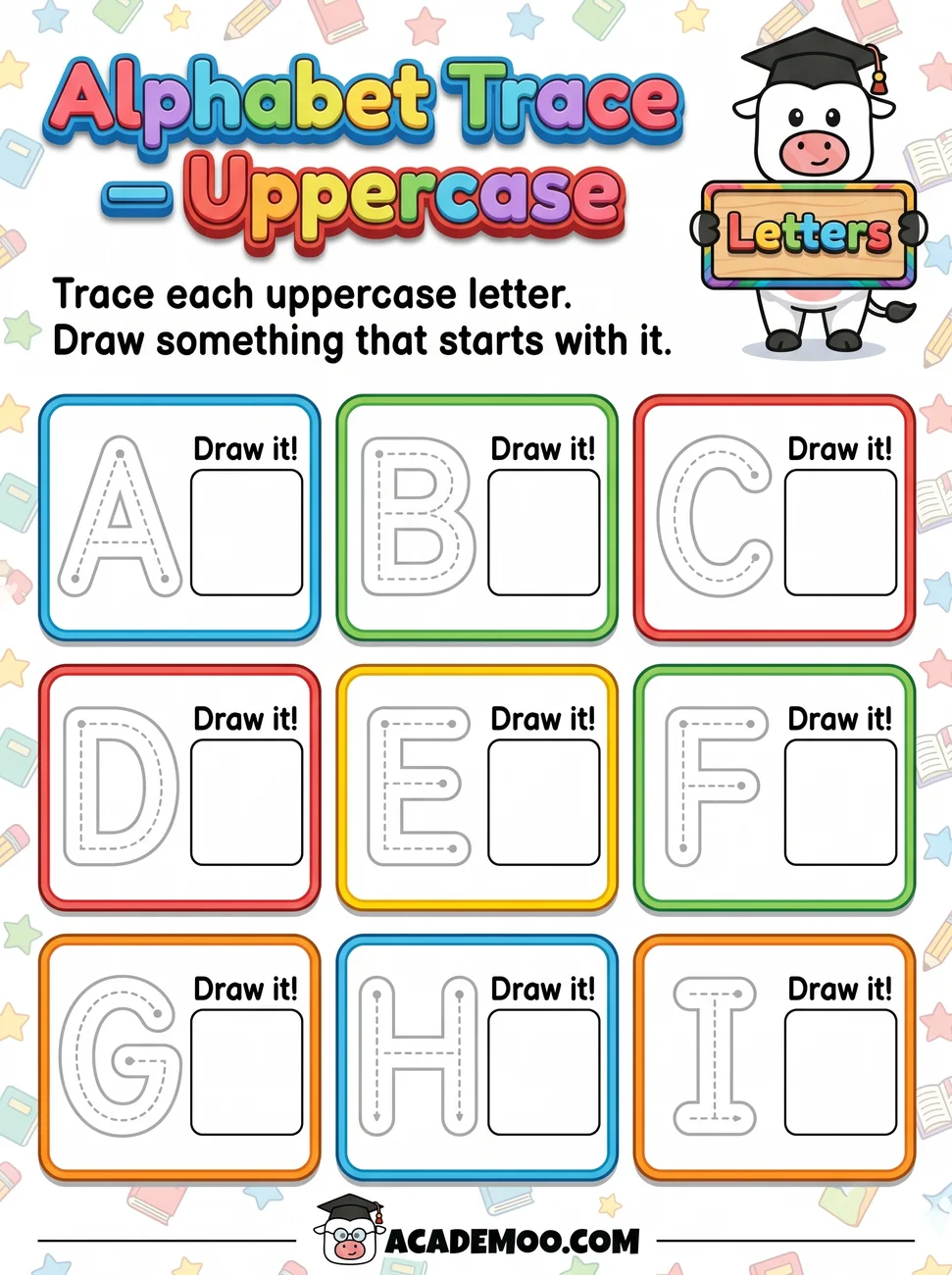Alphabet Trace Uppercase A-I worksheet kindergarten language arts printable PDF · Free printable alphabet trace uppercase a-i worksheet for Kindergarten.
