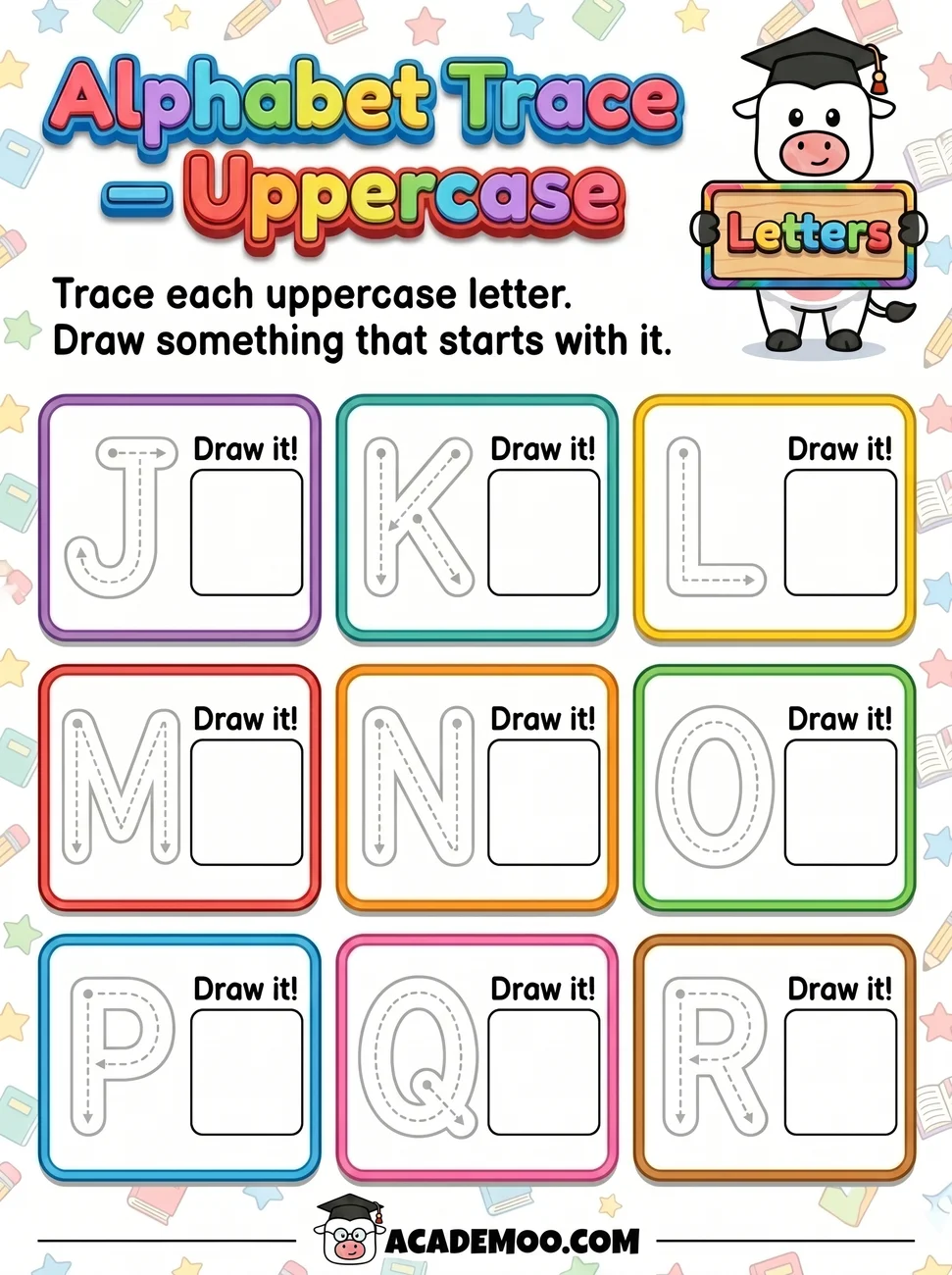Alphabet Trace Uppercase J-R worksheet kindergarten language arts printable PDF · Free printable alphabet trace uppercase j-r worksheet for Kindergarten.