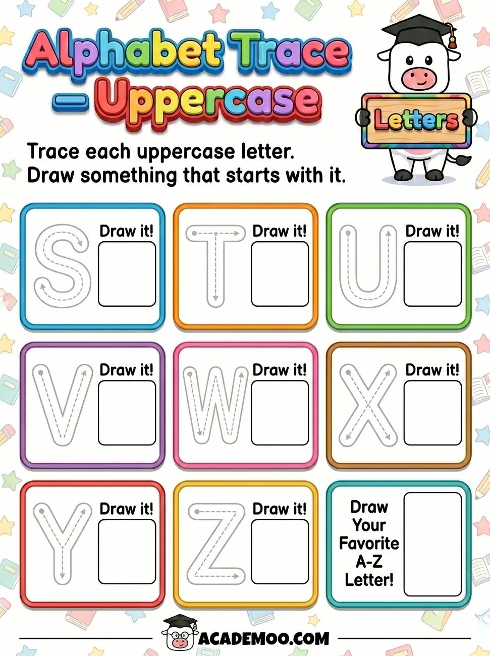 Alphabet Trace Uppercase S-Z worksheet kindergarten language arts printable PDF · Printable alphabet trace uppercase s-z worksheet for Kindergarten.