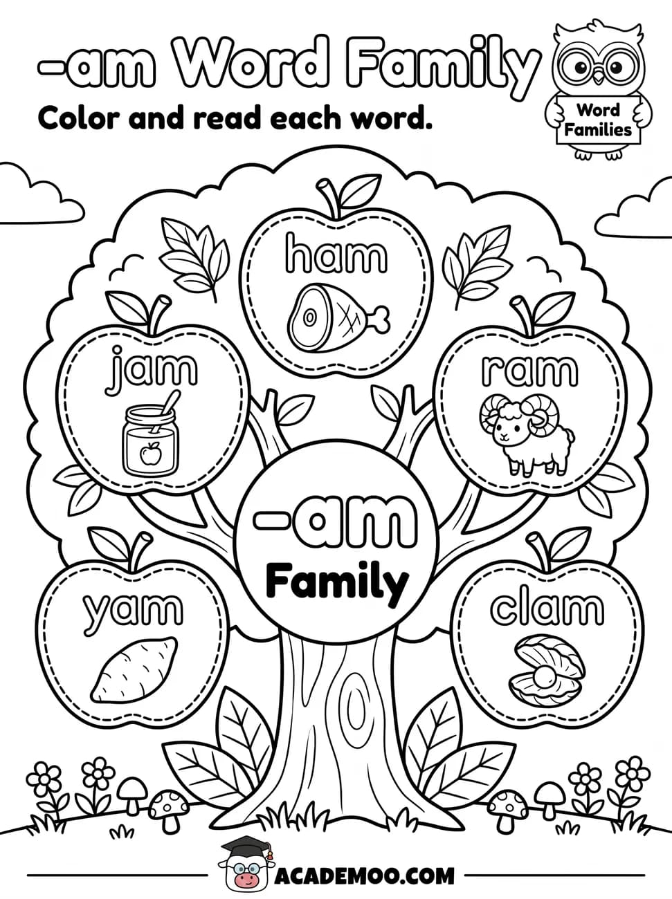 -am Word Family worksheet kindergarten language arts printable PDF · Color and read each -am word on the apple tree: ham, jam, ram, yam, clam.