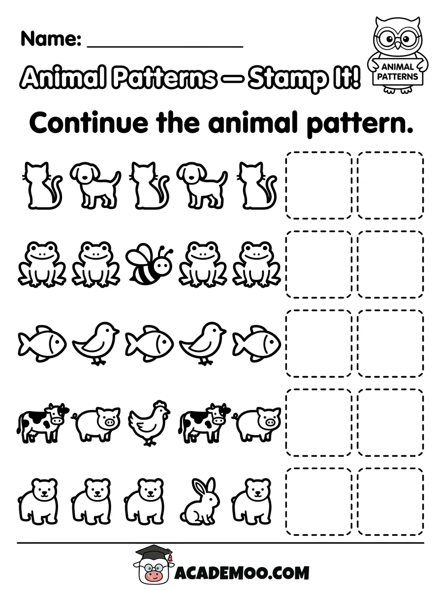 Animal Patterns Stamp It worksheet pre-k math printable PDF · Free printable Animal Patterns Stamp It worksheet for Pre-K.