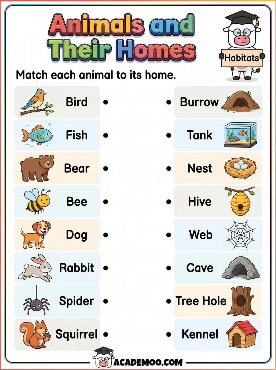 Animals and Their Homes worksheet kindergarten science printable PDF · Free printable animals and their homes worksheet for Kindergarten.