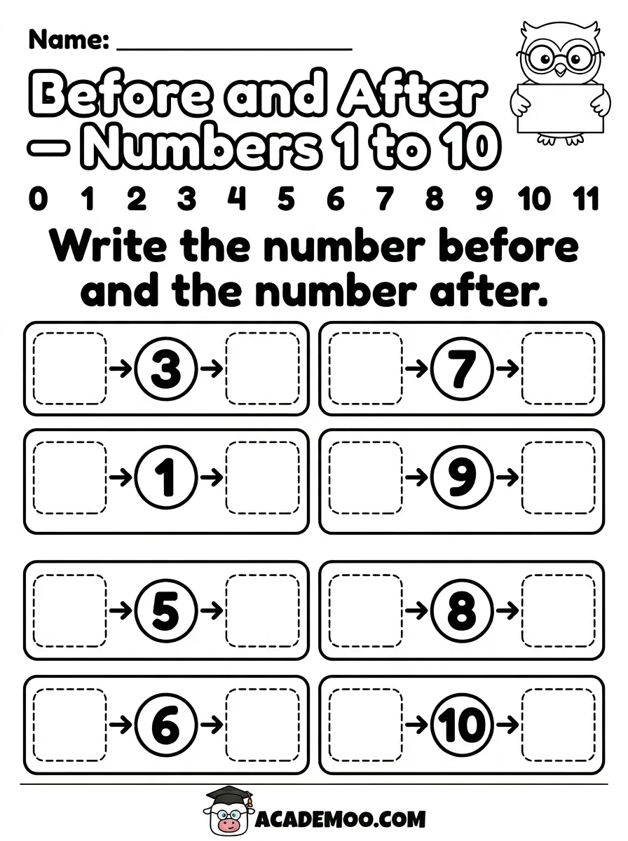 Before and After Numbers 1 to 10 worksheet kindergarten math printable PDF · Printable before and after numbers 1 to 10 worksheet for Kindergarten.