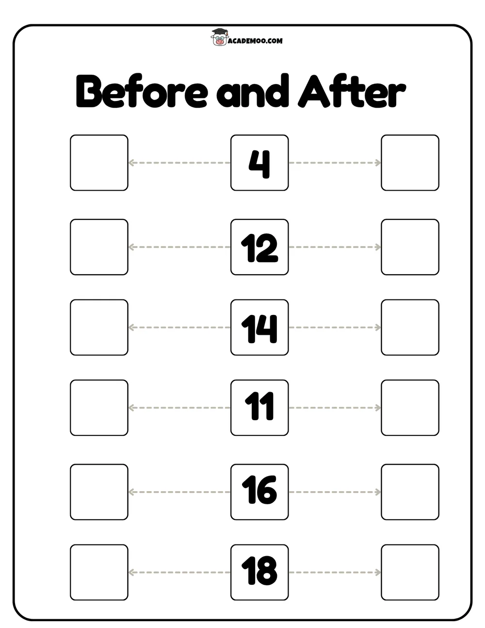 Before and After Numbers to 20 worksheet kindergarten math printable PDF · Printable before and after numbers to 20 worksheet for Kindergarten.
