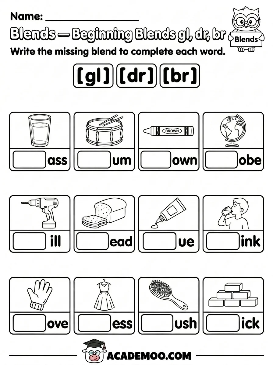 Beginning Blends GL DR BR worksheet 1st grade language arts printable PDF · Printable beginning blends gl dr br worksheet for 1st Grade.