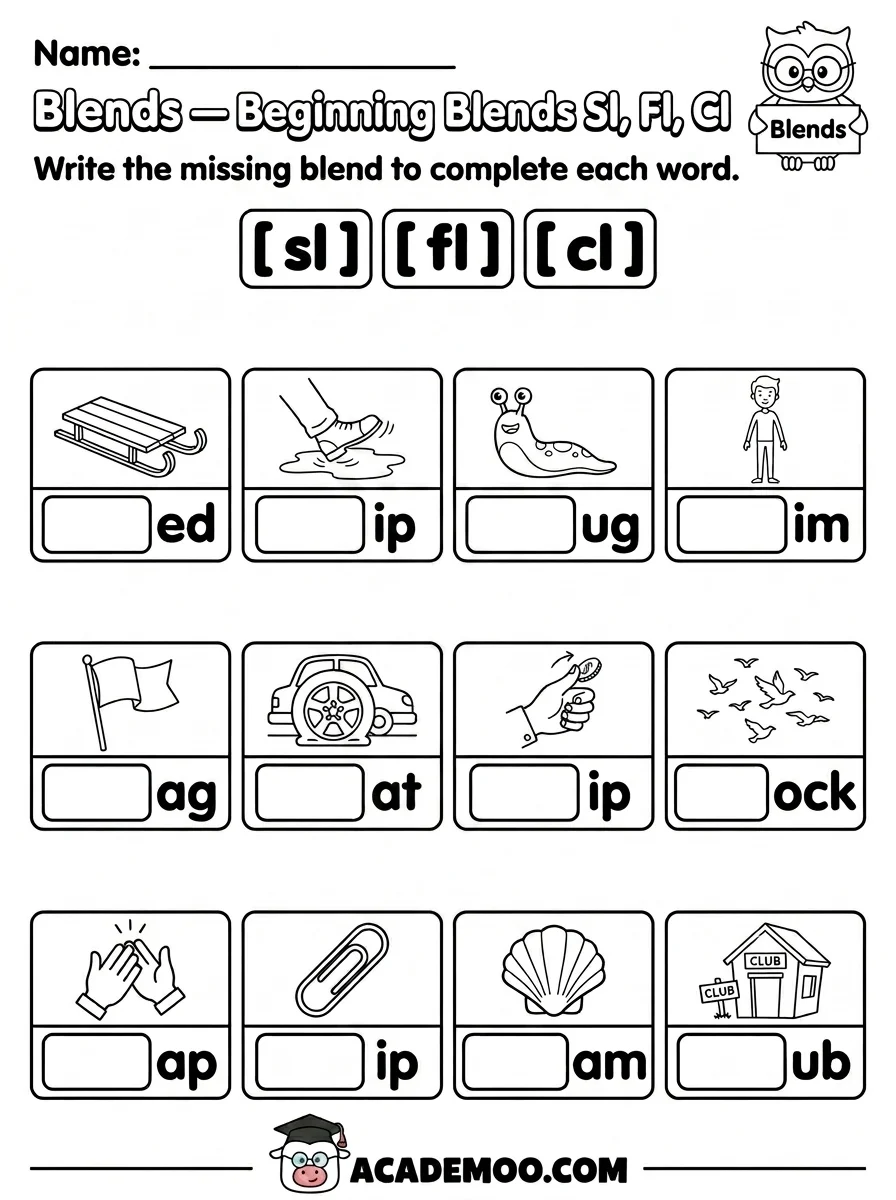 Beginning Blends SL FL CL worksheet 1st grade language arts printable PDF · Printable beginning blends sl fl cl worksheet for 1st Grade.