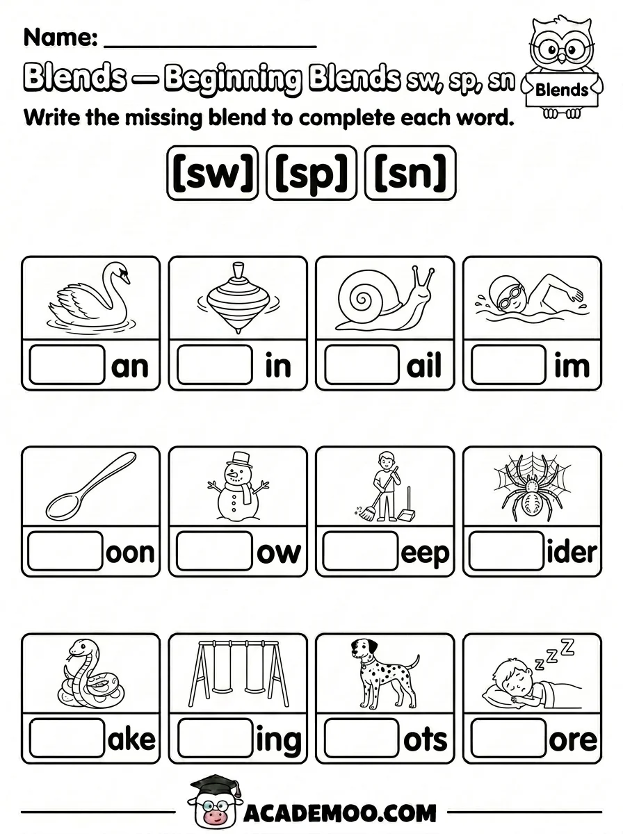 Beginning Blends SW SP SN worksheet 1st grade language arts printable PDF · Printable beginning blends sw sp sn worksheet for 1st Grade.