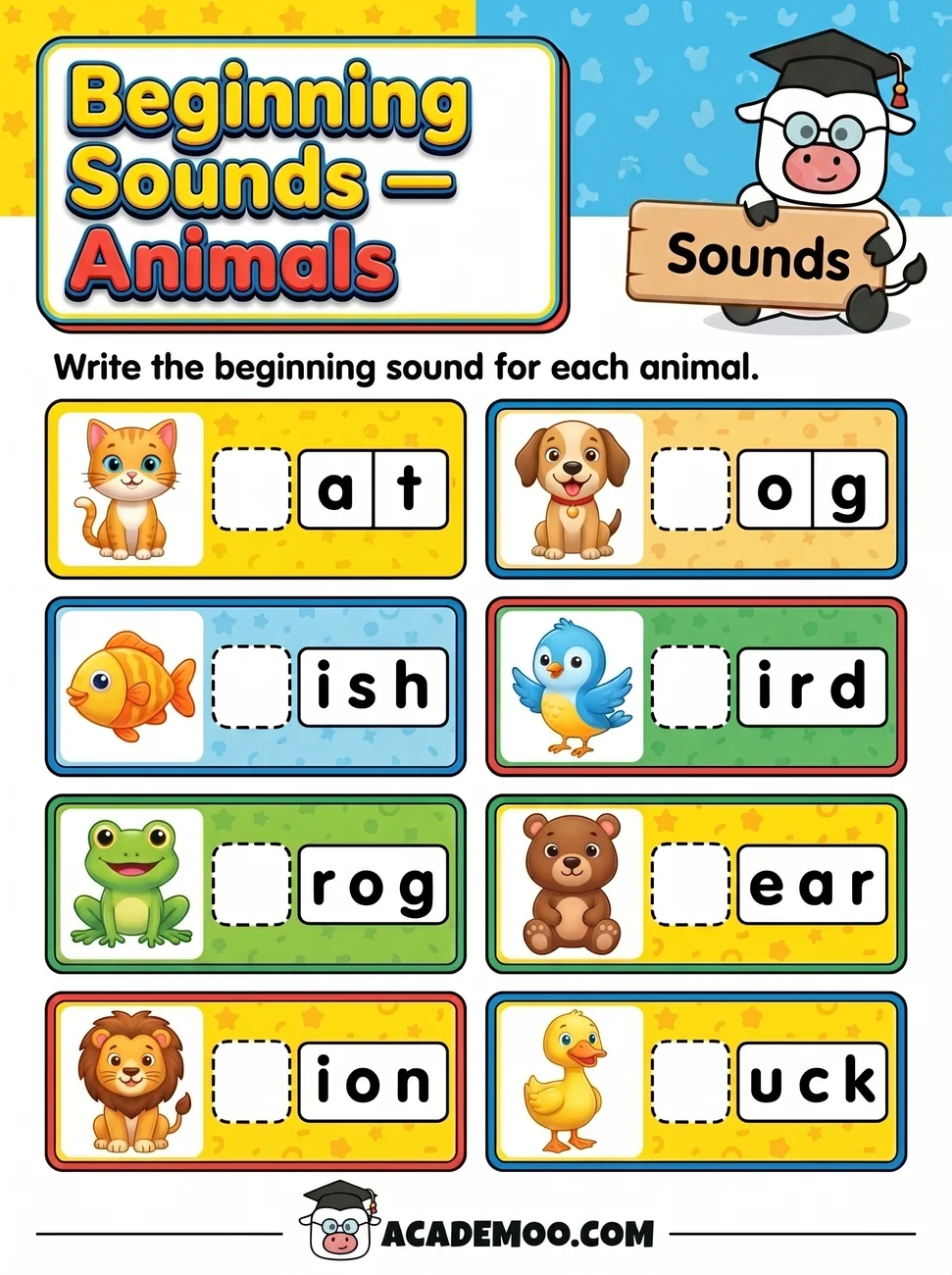 Beginning Sounds Animals worksheet kindergarten language arts printable PDF · Printable beginning sounds animals worksheet for Kindergarten.