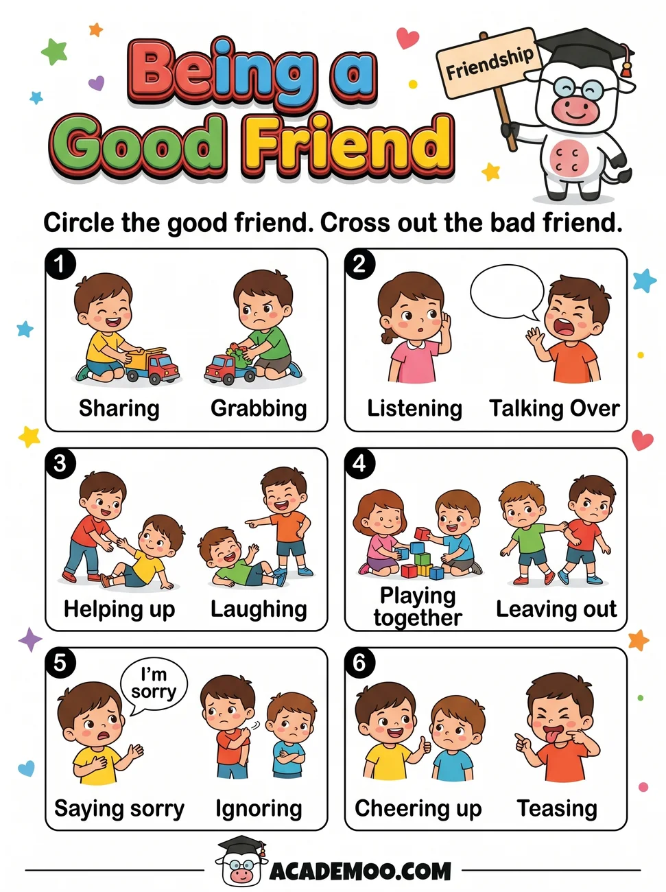 Being a Good Friend worksheet kindergarten language arts printable PDF · Printable being a good friend worksheet for Kindergarten.