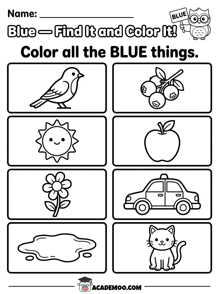 Blue Find It and Color It worksheet pre-k math printable PDF · Printable blue find it and color it worksheet for Pre-K.
