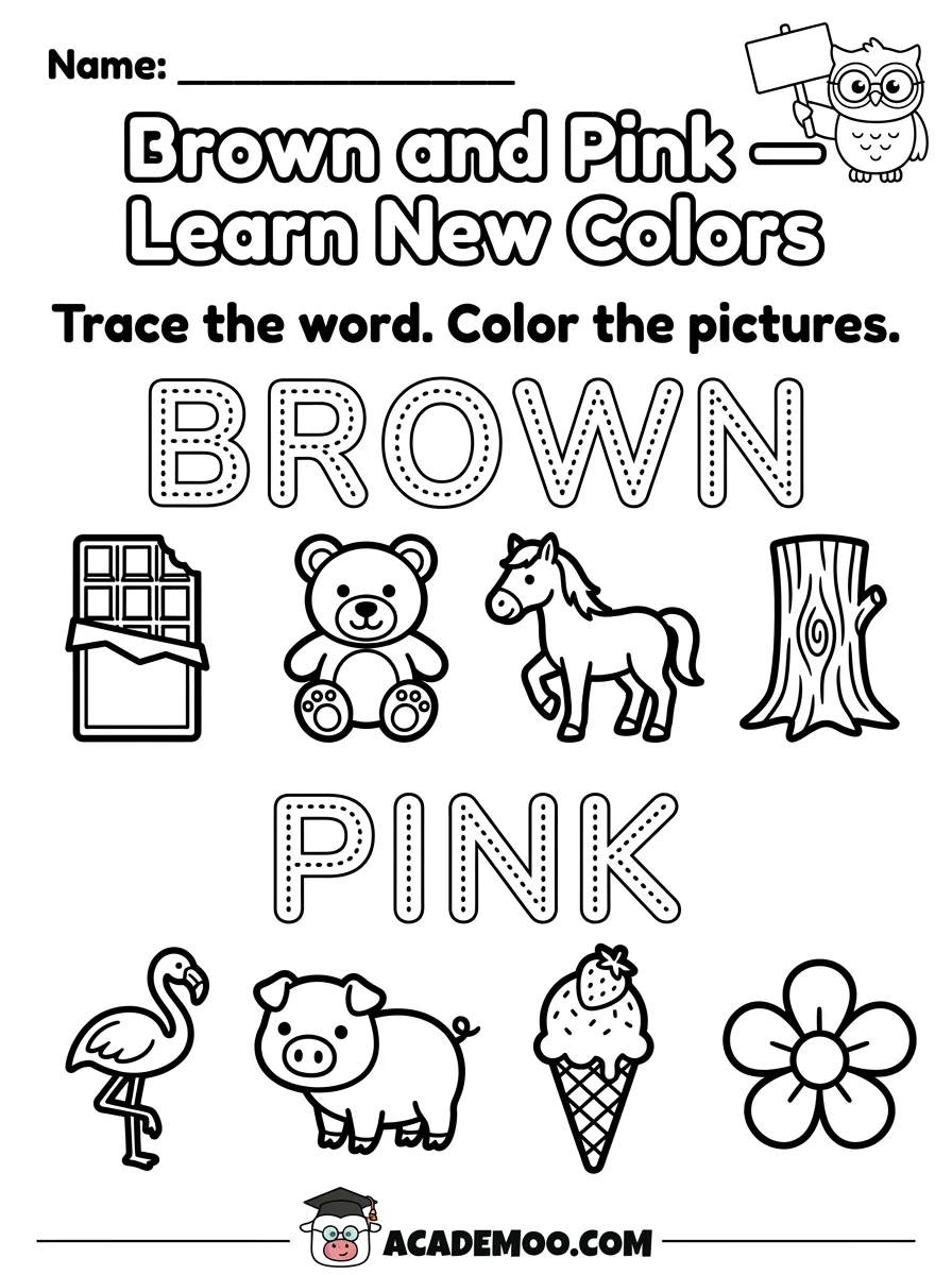 Brown and Pink Learn New Colors worksheet pre-k math printable PDF · Printable brown and pink learn new colors worksheet for Pre-K.