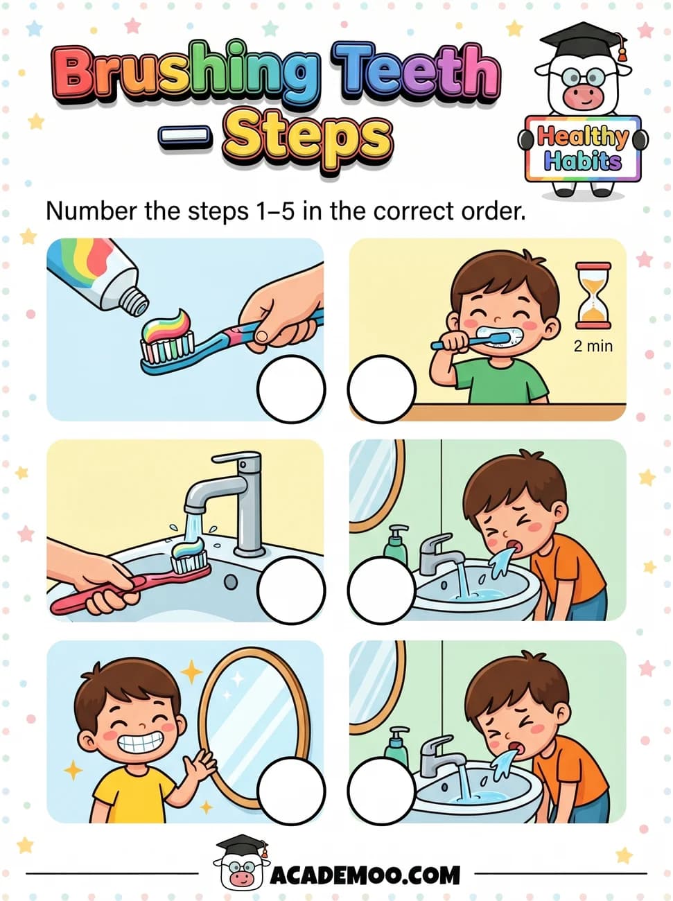 Brushing Teeth Steps worksheet pre-k science printable PDF · Free printable brushing teeth steps worksheet for Pre-K.