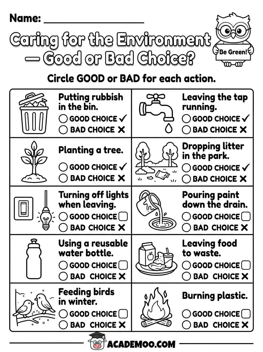 Caring for the Environment worksheet kindergarten science printable PDF · Printable caring for the environment worksheet for Kindergarten.