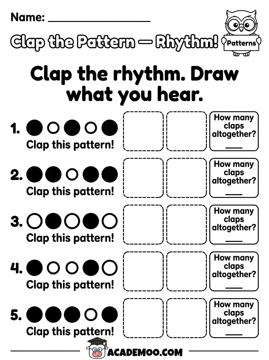 Clap the Pattern Rhythm worksheet pre-k math printable PDF · Free printable Clap the Pattern Rhythm worksheet for Pre-K.