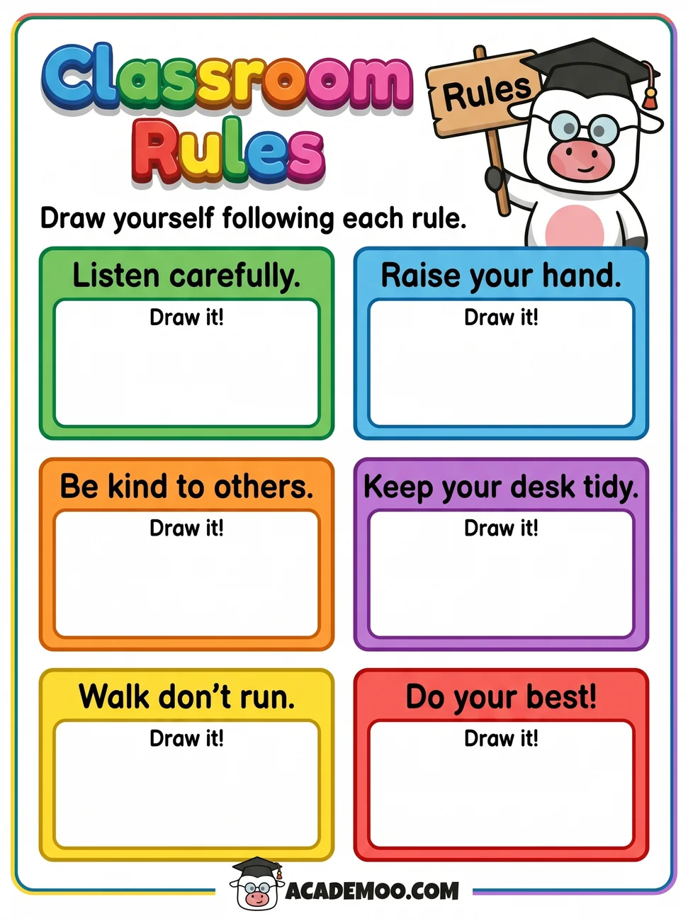 Classroom Rules Draw It worksheet kindergarten language arts printable PDF · Printable classroom rules draw it worksheet for Kindergarten.