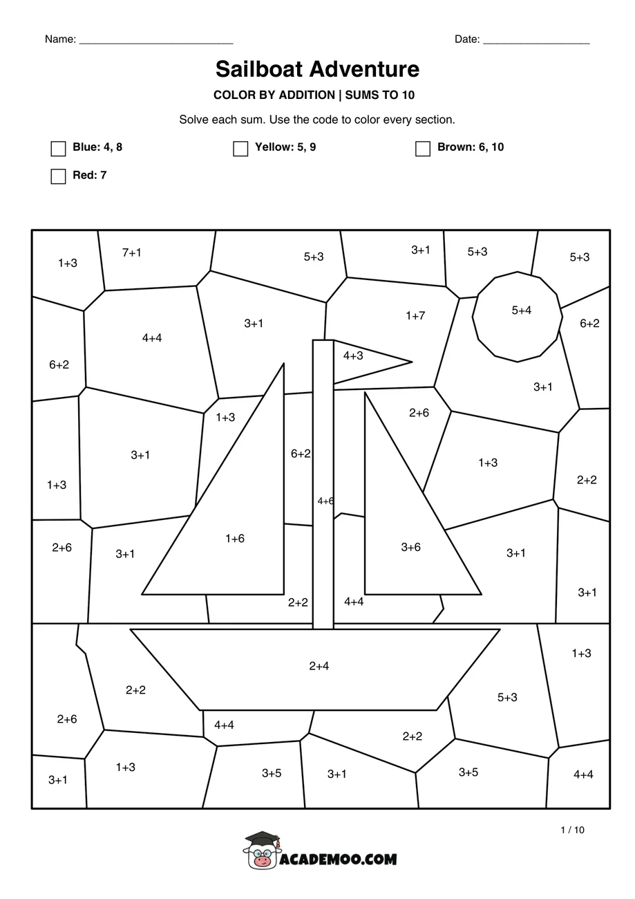 Color by Addition: Sums to 10 worksheet 1st grade math printable PDF · Printable color by addition: sums to 10 for Grade 1.