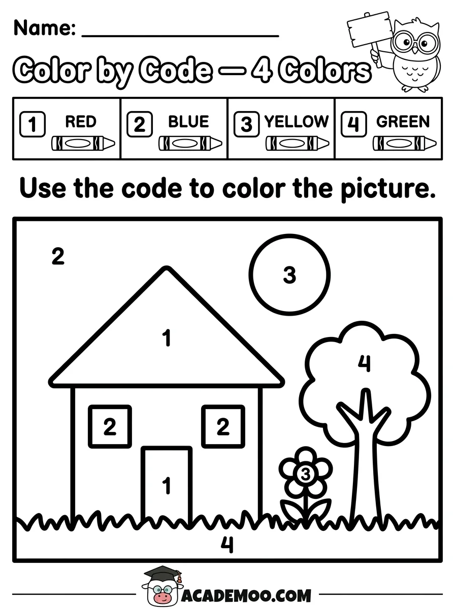 Color by Code Four Colors worksheet kindergarten math printable PDF · Printable color by code four colors worksheet for Kindergarten.