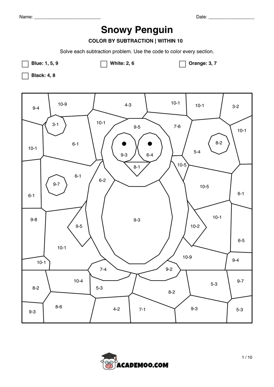 Color by Subtraction: Within 10 worksheet 1st grade math printable PDF · Printable color by subtraction: within 10 for Grade 1.