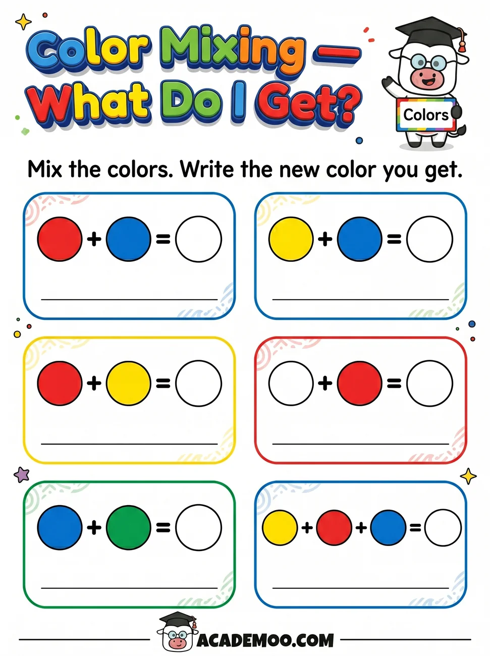 Color Mixing What Do I Get worksheet pre-k science printable PDF · Printable color mixing what do i get worksheet for Pre-K.