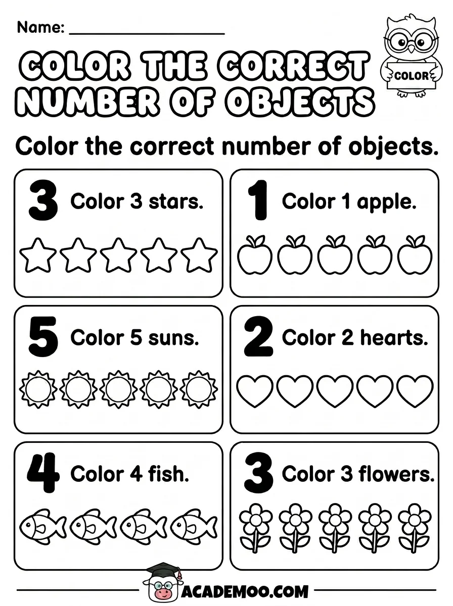 Color the Correct Number of Objects worksheet kindergarten math printable PDF · Printable color the correct number of objects worksheet for Kindergarten.