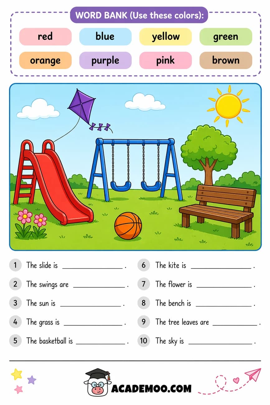 Color the Playground Scene worksheet kindergarten language arts printable PDF · Read each sentence and fill in the color word for playground objects like the slide, swings, kite, and bench.