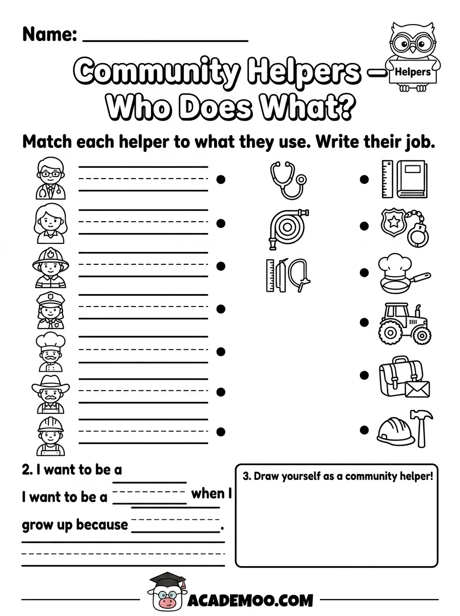 Community Helpers Who Does What worksheet kindergarten language arts printable PDF · Printable community helpers who does what worksheet for Kindergarten.