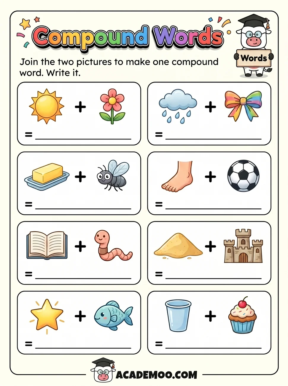 Compound Words worksheet 1st grade language arts printable PDF · Free printable compound words worksheet for 1st Grade.