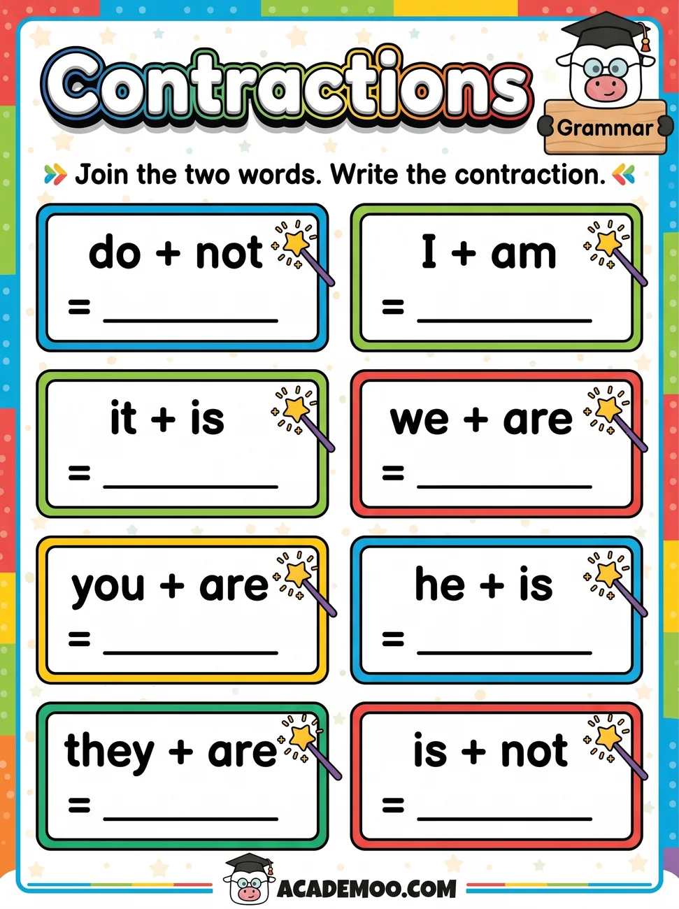 Contractions worksheet 1st grade language arts printable PDF · Free printable contractions worksheet for 1st Grade.