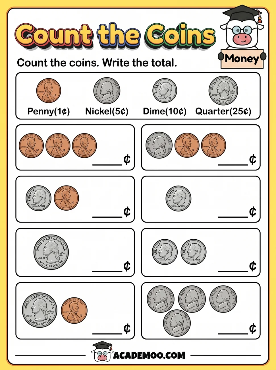 Count the Coins worksheet 1st grade math printable PDF · Free printable count the coins worksheet for 1st Grade.