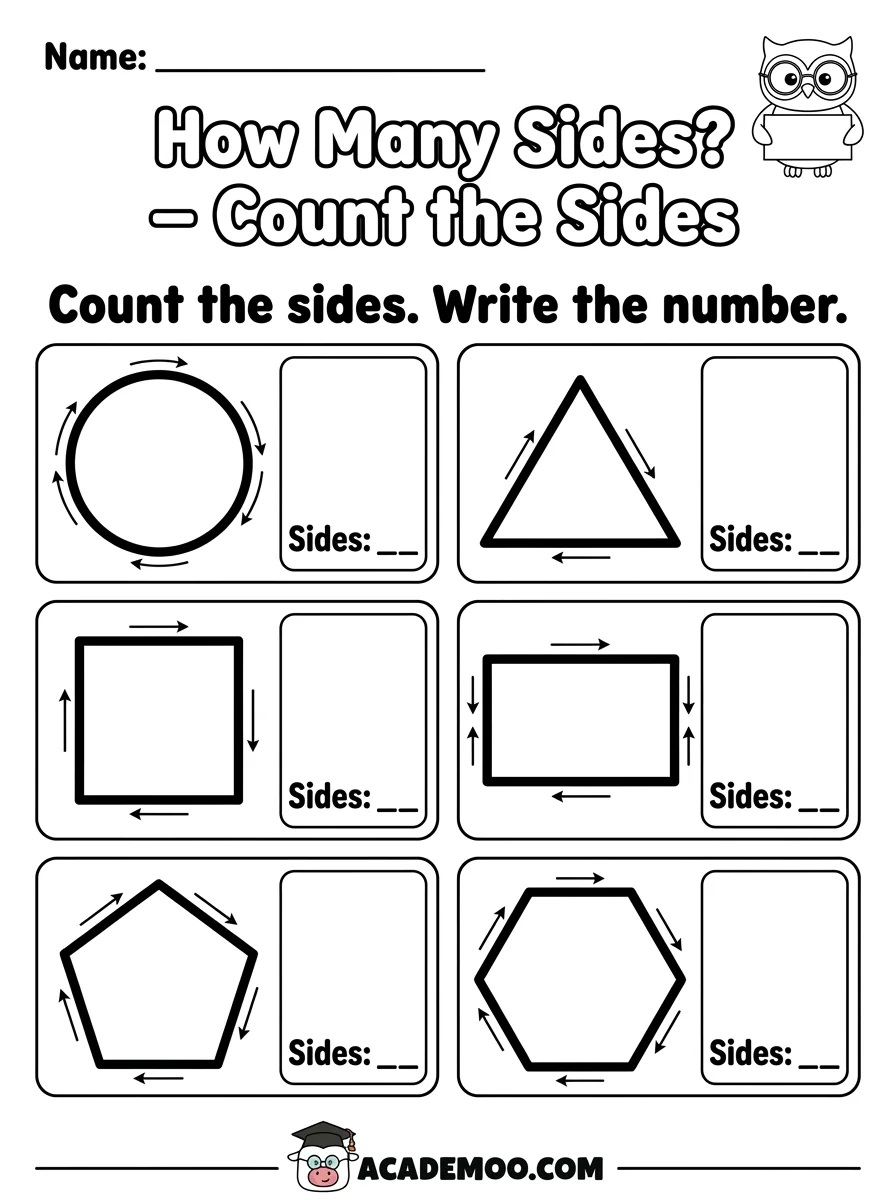 Count the Sides worksheet kindergarten math printable PDF · Printable count the sides worksheet for Kindergarten.