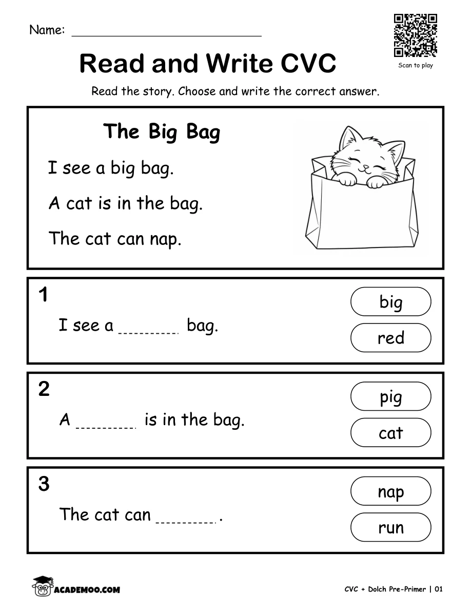50 CVC Short Stories with Reading Activities and Game QR Codes worksheet kindergarten language arts printable PDF · Printable CVC short story worksheets for Kindergarten and beginning Grade 1 readers.