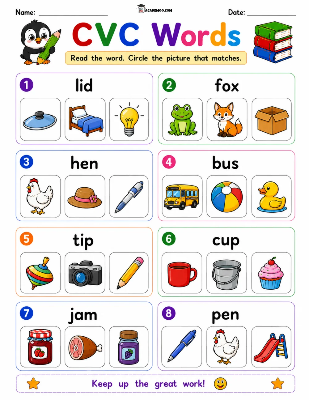 CVC Words Picture Match 3 worksheet kindergarten language arts printable PDF · Printable CVC words picture match worksheet for Kindergarten.