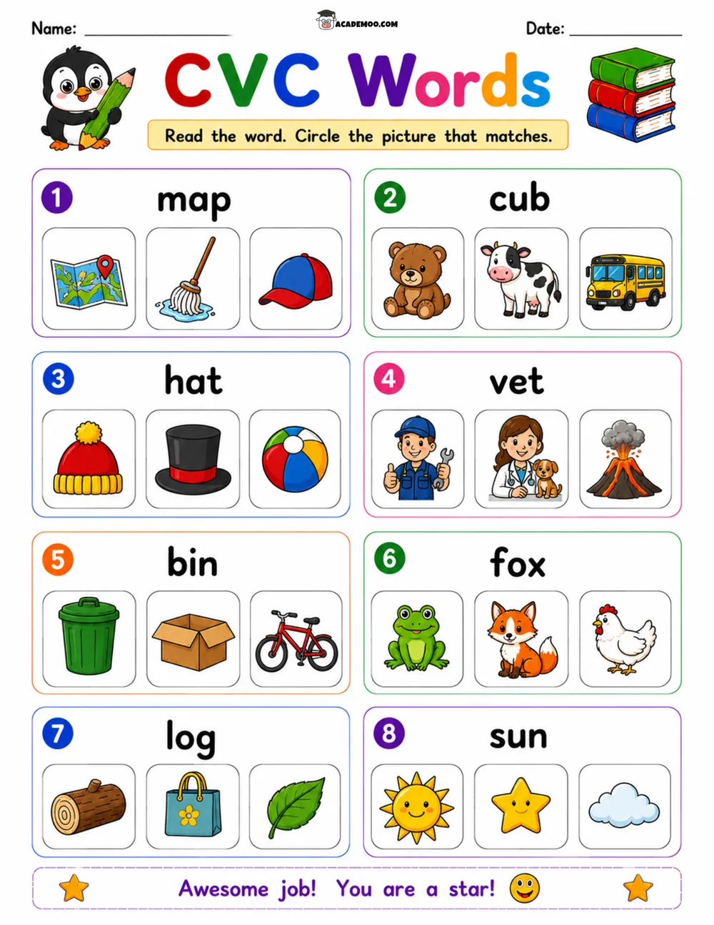 CVC Words Picture Match 4 worksheet kindergarten language arts printable PDF · Printable CVC words picture match worksheet for Kindergarten.