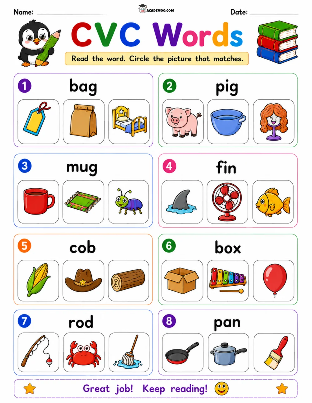 CVC Words Picture Match 5 worksheet kindergarten language arts printable PDF · Printable CVC words picture match worksheet for Kindergarten.