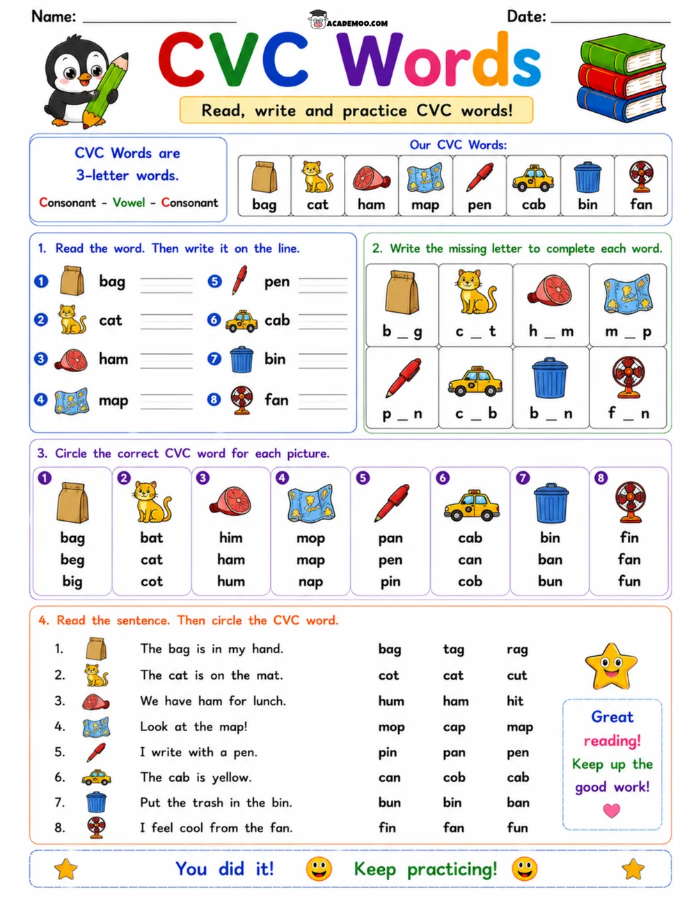 CVC Words Read Write Practice 2 worksheet kindergarten language arts printable PDF · Printable CVC words read write practice worksheet for Kindergarten.