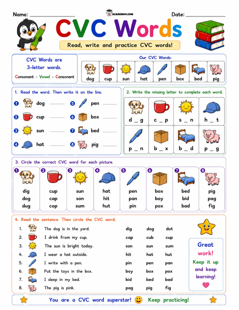 CVC Words Read Write Practice 4 worksheet kindergarten language arts printable PDF · Printable CVC words read write practice worksheet for Kindergarten.