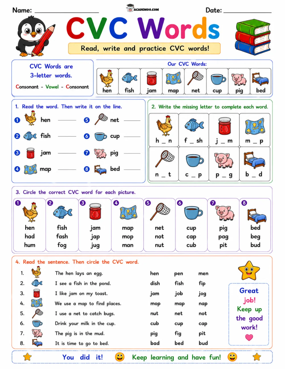 CVC Words Read Write Practice 5 worksheet kindergarten language arts printable PDF · Printable CVC words read write practice worksheet for Kindergarten.