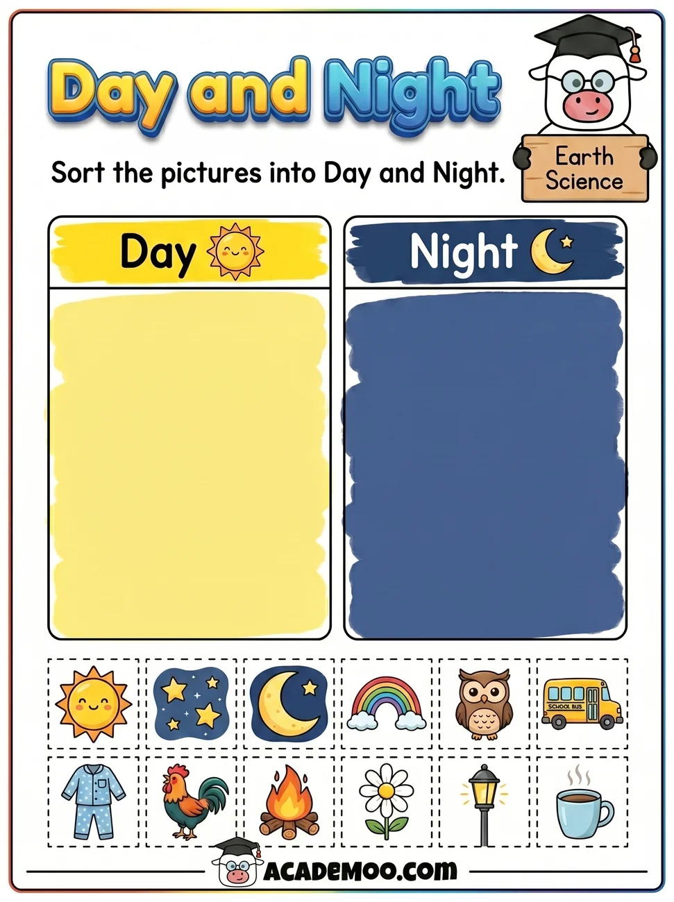 Day and Night Sort worksheet kindergarten science printable PDF · Free printable day and night sort worksheet for Kindergarten.